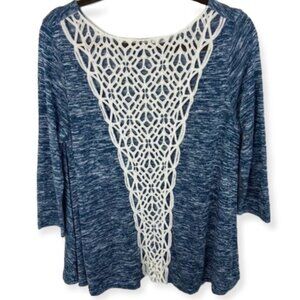 Umgee Peppered‎ Knit Swing Top Indigo Blue Size Medium Heathered Crochet Sweater
